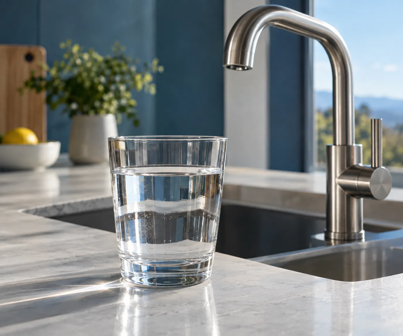 Vaso de agua sobre una encimera junto al grifo de una cocina